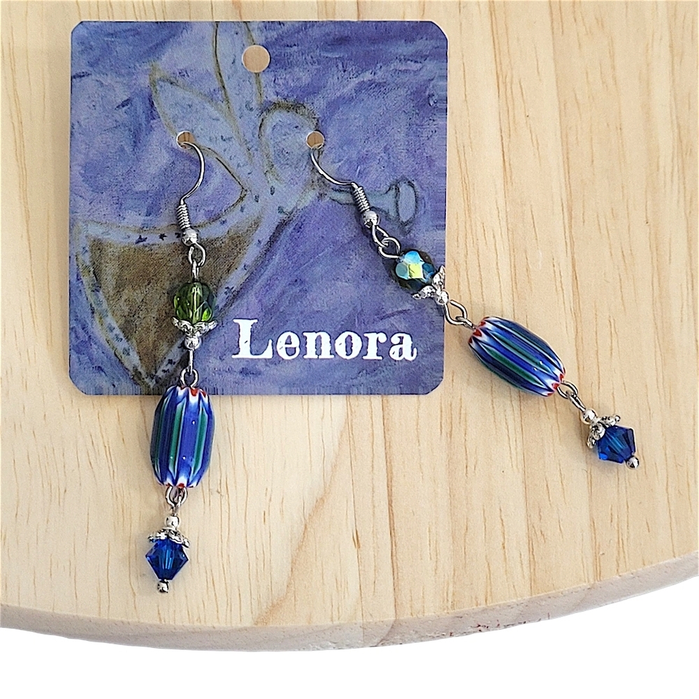Hand Crafted Lampwork Dangle Earrings Blue and Green Beaded 2.5" Length